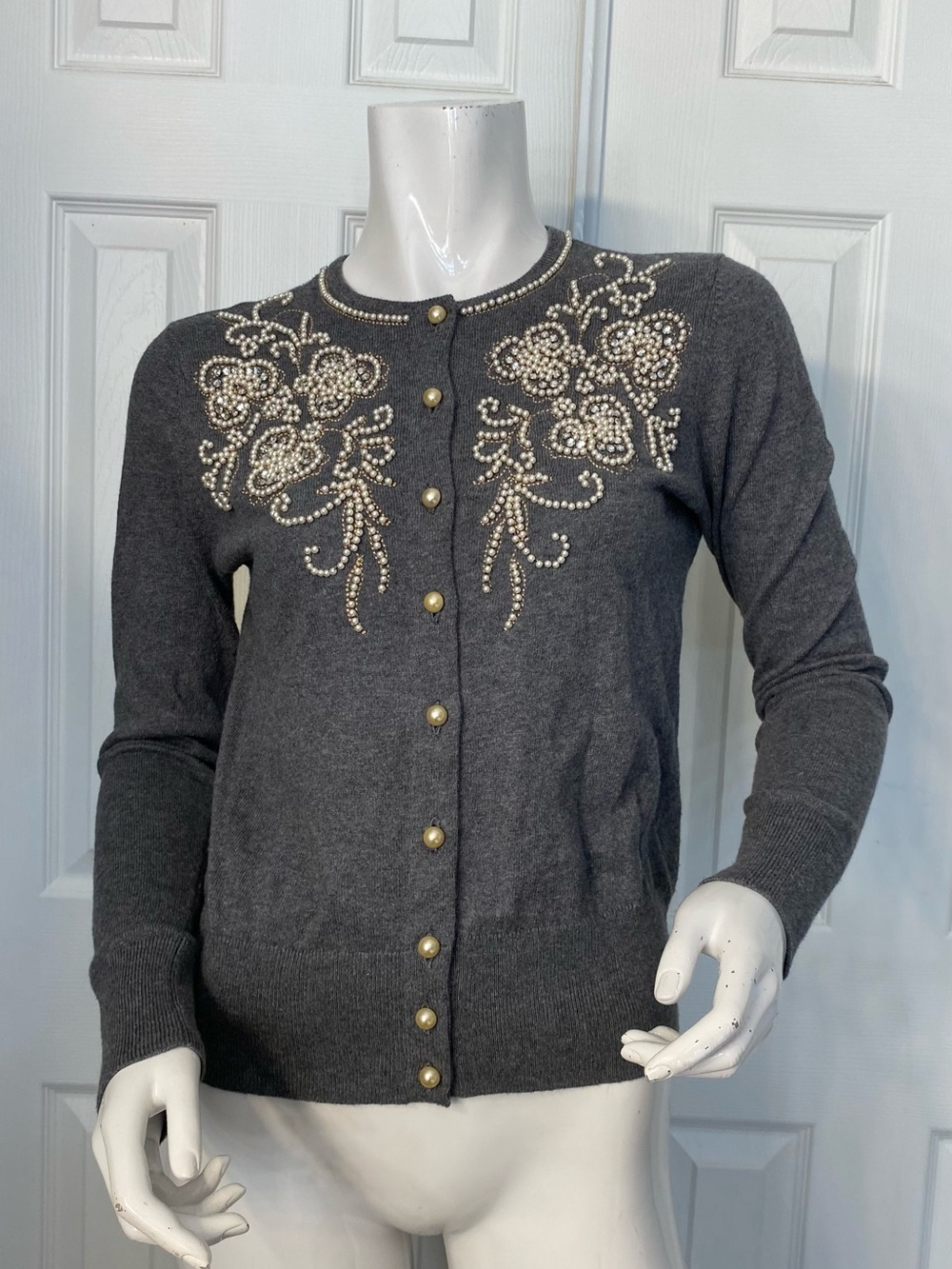 ‼️by Anthropologie Pearl-Button Embroidered Gray Cardigan Sweater